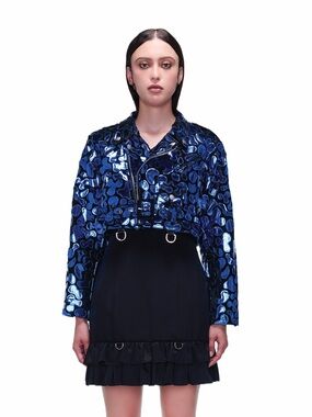 SALE- Electric Morph Metallic Blue Cropped Moto Biker Jacket